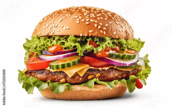 Fototapeta Appetizing burger on a white isolated background Generated by AI