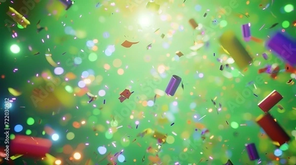 Fototapeta Colorful confetti and ribbons on a green background. 3d rendering