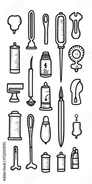 Fototapeta MonoChromatic Thick Line Doodle of Guide needle, ancient, small objects, Black and White Tones сreated with Generative Ai