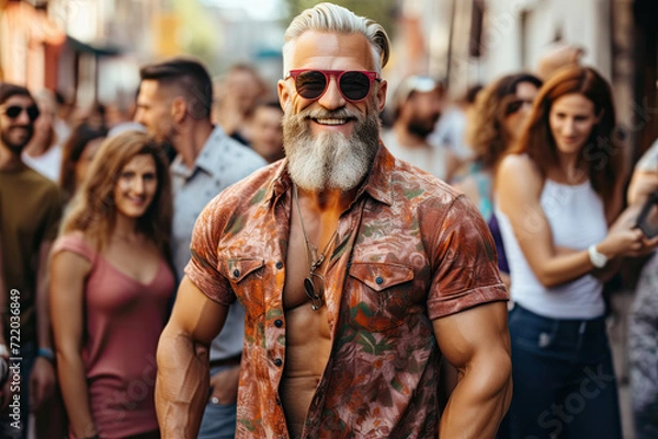 Obraz Urban Wanderer: Enigmatic Bearded Gentleman, Bedecked in Sunnies, Strolls Down the Lively City Street