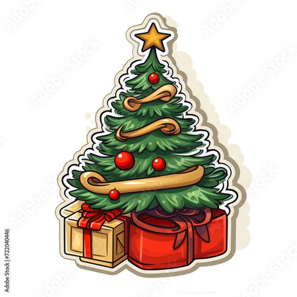 Fototapeta Sticker, flat, cartoon, Christmas tree, surrounded by 2 gifts, white background сreated with Generative Ai