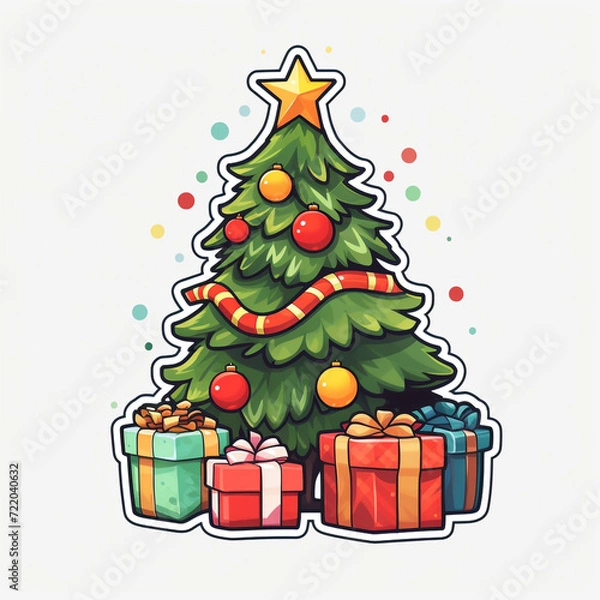 Fototapeta Sticker, flat, cartoon, Christmas tree, surrounded by 2 gifts, white background сreated with Generative Ai