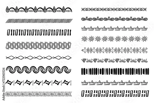 Fototapeta Set aztec tribal motive border in doodle hand drawn style from geometrical shapes isolated on white background. boho scandinavian srtoke, traditional native decor.