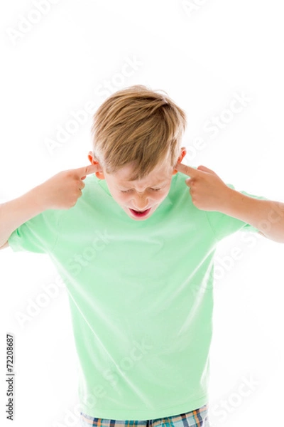 Fototapeta model isolated on plain background plugging ears with fingers