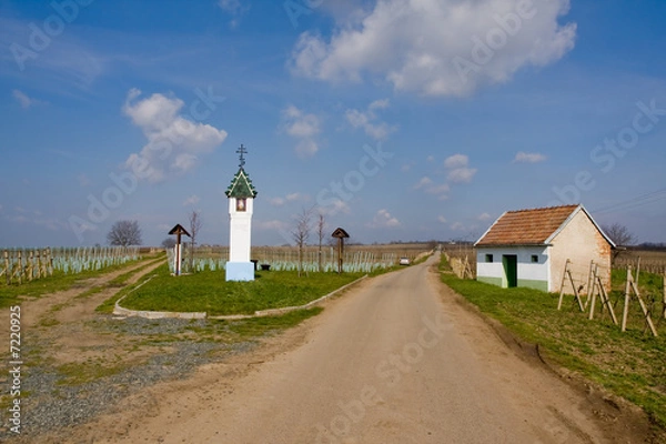 Fototapeta a column of crucifixion in beautiful czech wineyard landscape