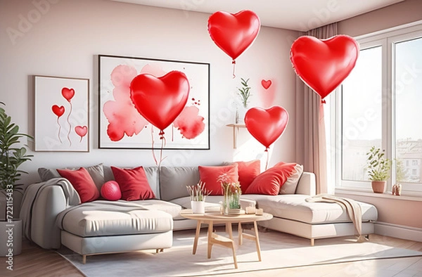 Obraz beautiful modern bright minimalistic apartment with sunlight and modern furniture and red heart-shaped inflatable balloons under the ceiling, valentine's day