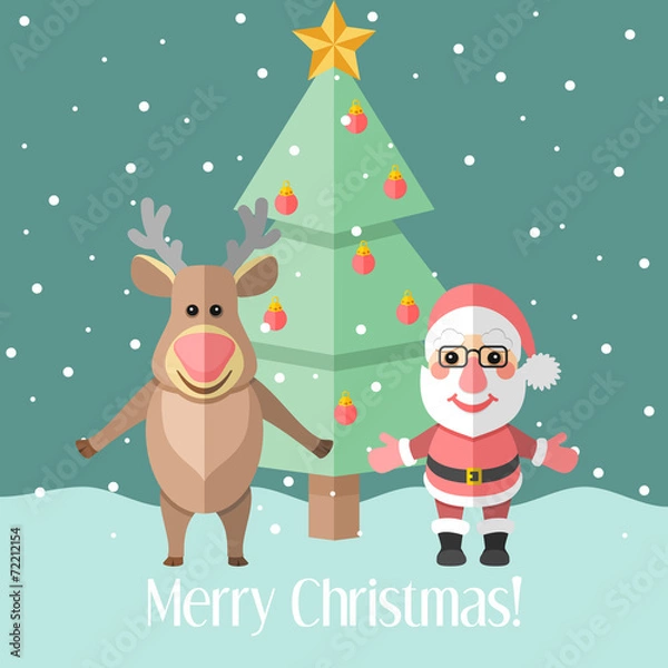 Fototapeta Christmas card with fir tree and Santa Claus and reindeer