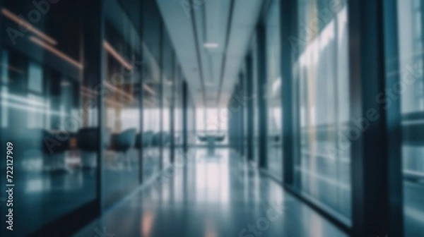 Fototapeta Dark blurred interior corporate office workspace in the evening, business presentation abstract background, Generative AI