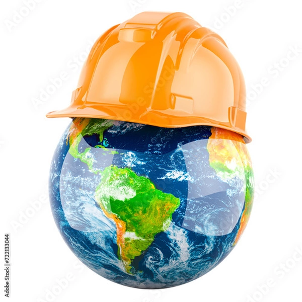 Fototapeta Earth Globe with Construction Orange Hard Hat, 3D rendering isolated on transparent background