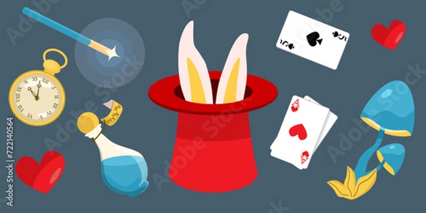 Obraz Magician Hat with Bunny Ears, game cards, clock, bottle, magic mushroom, vector elements set from Alice in Wonderland, cartoon flat style.