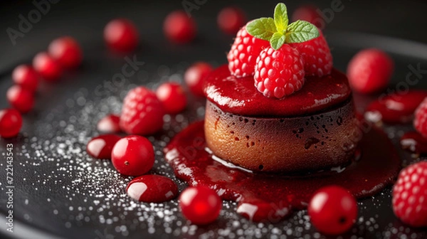 Fototapeta chocolate dessert with raspberry sauce and fresh raspberries, dusted with sugar