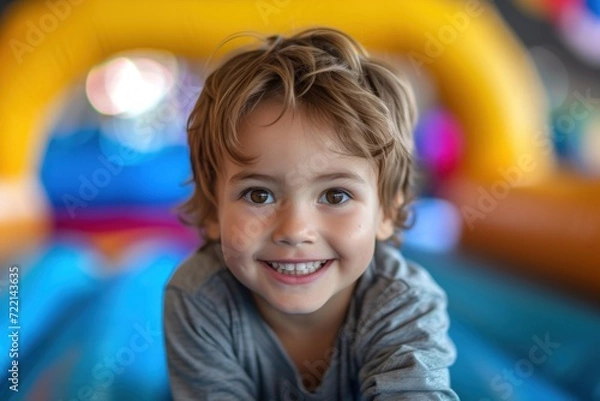 Fototapeta image of American boy having fun and smiling in full color inside a bounce house that is blurred in the background
