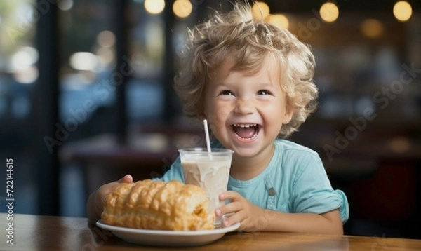 Fototapeta Beautiful young funny cute boy with donuts and Bread.