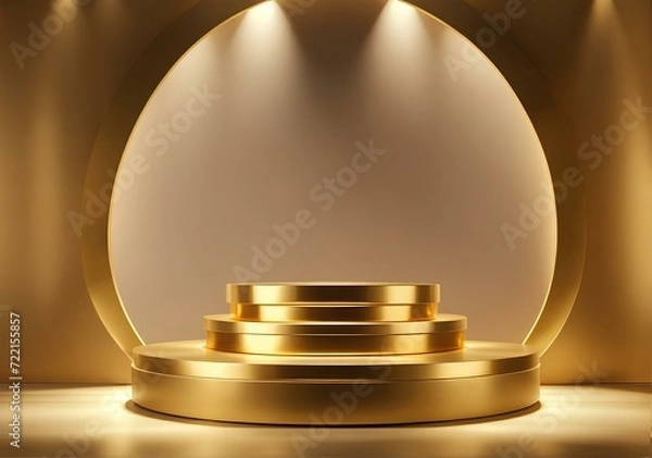 Fototapeta Golden podium with round stage and spotlights. 3D rendering