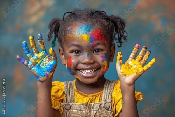 Obraz happy black kid with painted hands, playing, fun