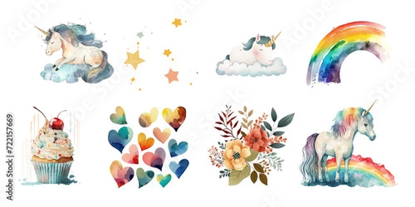 Fototapeta Cute fairytale unicorns, flowers, hearts and rainbows. Watercolor clipart.