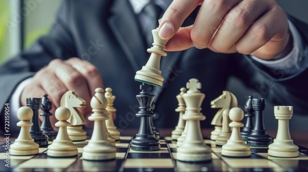 Fototapeta Strategic Move in Chess Game by Businessman Analyzing Board