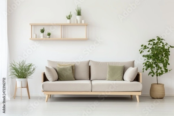 Fototapeta minimalistic interior in Scandinavian style. Modern light gray sofa, green plant in a pot, several shelves on the wall