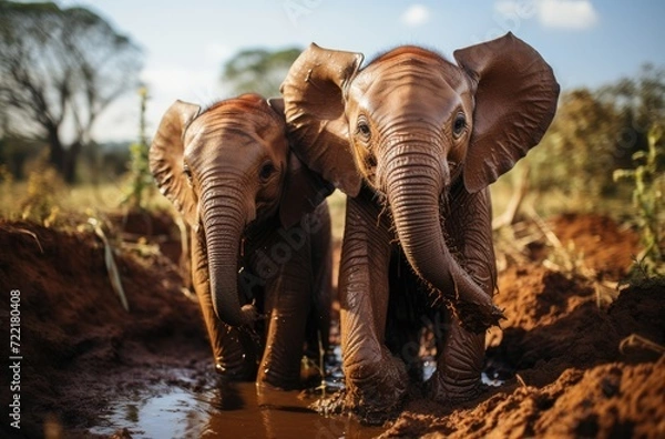 Fototapeta Two majestic elephants find respite from the hot sun in a muddy oasis, their powerful bodies standing tall against the vast open sky as they graze on plants and cool off in the water