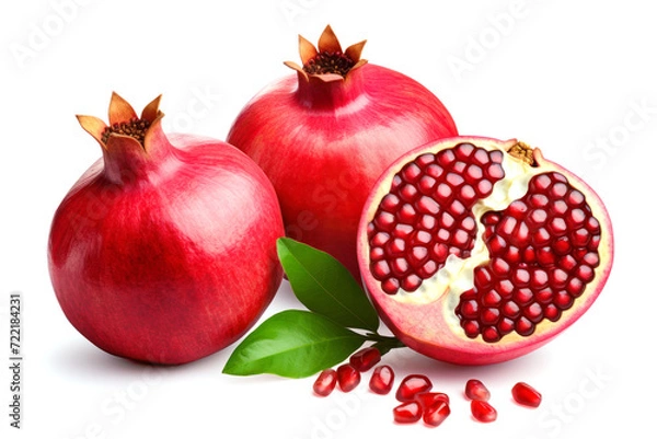Fototapeta Pomegranate ripe, haft pomegranate with green leaves on a white background, a delicious and healthy tropical fruit, perfect for a fresh and sweet vegetarian snack or dessert, with clipping path