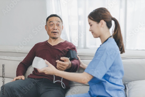 Obraz Caregiver nurse measuring blood pressure by using digital sphygmomanometer Senior patient at home. Caregiver nurse using medical device to measure blood pressure Senior patient