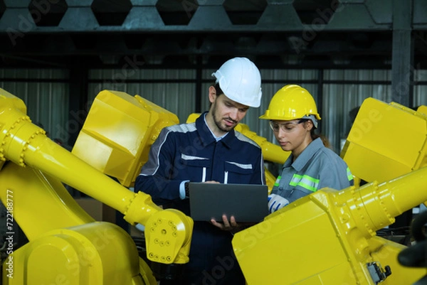 Fototapeta Caucasian male robotic engineer wearing safety helmet using laptop with female engineer inspection automation robot arm in factory.
