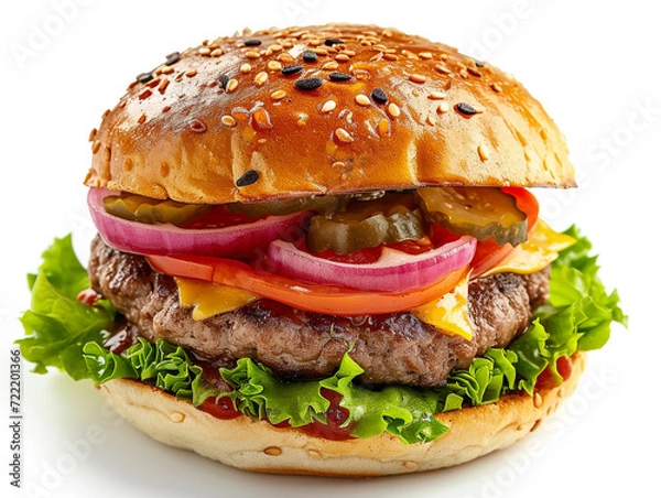 Fototapeta Burger with thick slices of grilled meat and topped with green salad, tomato and cheese.