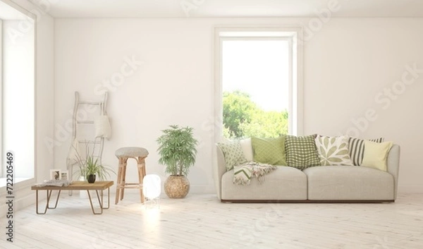 Fototapeta Contemporary classic white interior with furniture and decor and summer landscape in window. Scandinavian interior design. 3D illustration