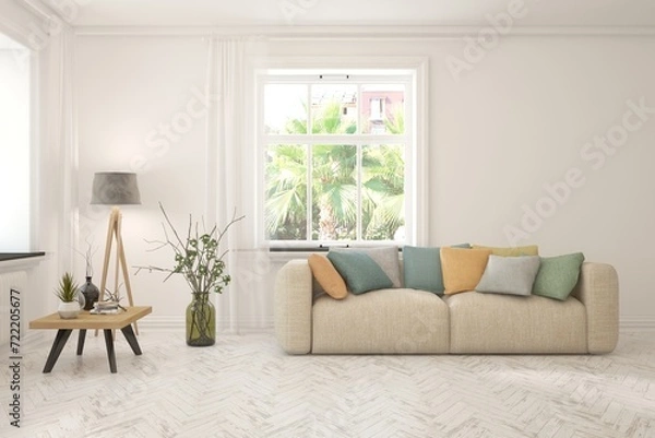 Fototapeta Bright interior design with modern furniture and summer landscape in window. 3D illustration