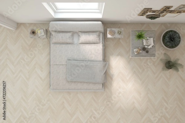 Fototapeta Top view of white bedroom concept. Scandinavian interior design. 3D illustration