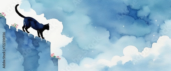 Obraz Silhouette of a black cat walking on a high wall. Blue sky. Illustration in watercolor style.