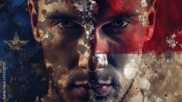 Fototapeta Dual-Faced Man Painted with American and Russian Flags in Grunge Style, Generative AI