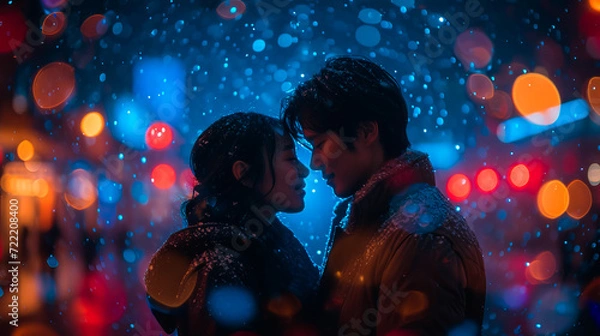 Fototapeta Celebrating Together on Valentine's Day. Kissed by the Night. Love in the City