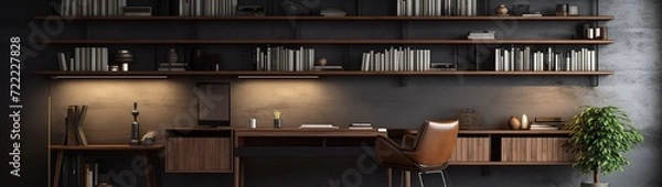 Fototapeta A minimalist study room with a sleek desk, comfortable chair, and organized bookshelves. 4k, high detailed, full ultra HD, High resolution 8K.