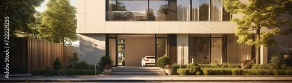 Fototapeta A modern urban townhouse exterior with clean lines, large windows, and contemporary landscaping. 4k, high detailed, full ultra HD, High resolution 8K.