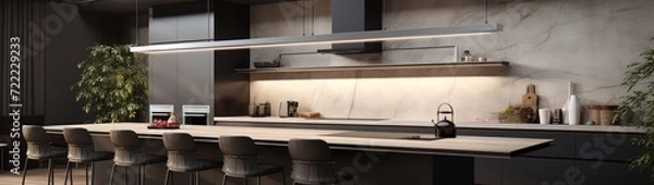 Fototapeta A sleek and modern kitchen with a waterfall island, high-end appliances, and pendant lighting. 4k, high detailed, full ultra HD, High resolution 8K.
