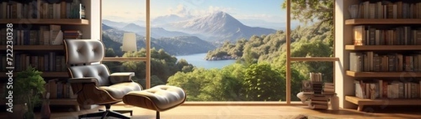 Fototapeta A sunlit reading nook with a cozy armchair, bookshelves, and a view of the outdoors. 4k, high detailed, full ultra HD, High resolution 8K.