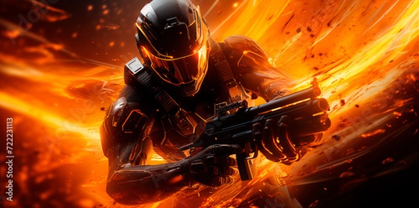 Fototapeta Cover of shooter video game, main character of shooter video game. Generative AI