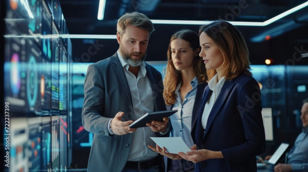 Fototapeta two professionals, a man and a woman, examining a tablet with serious expressions on their faces in a high-tech control room with multiple screens displaying various graphs and data visualizations