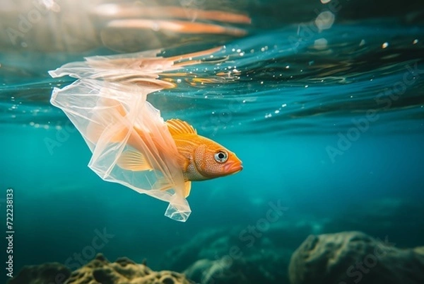 Fototapeta Fish suffer from ocean water pollution from plastic debris