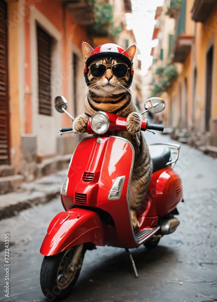 Obraz a cat in a helmet and sunglasses rides a red scooter around the city