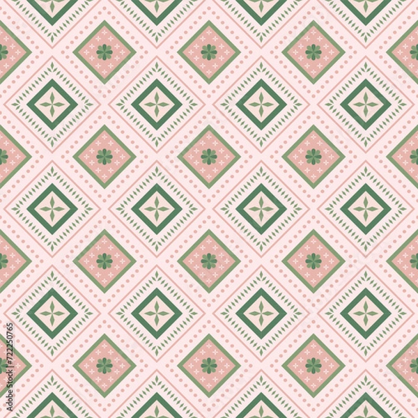 Obraz Pink Valentine geometric Aztec style. Mosaic on the tile.  African Moroccan pattern. Ethnic carpet. Majolica. Pink Valentine Tribal vector ornament. Pillow case textile. native design. ethnic pattern.