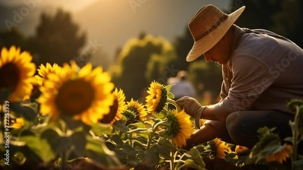 Fototapeta A serene shot of a gardener tending to vibrant sunflowers under the warm rays of the sun.