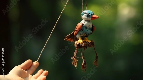 Fototapeta blur, hand, bird, toy, puppet, hang, cord
