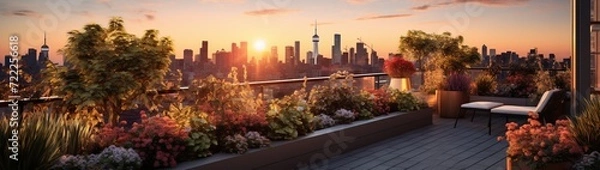 Fototapeta A beautifully landscaped rooftop garden with a variety of potted plants and flowers, overlooking the city skyline during sunset. --ar 5315 --v 5.2 - Image #3 @TEAM