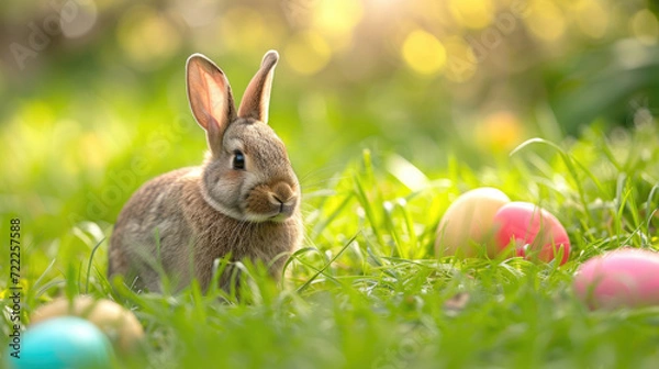 Fototapeta Rabbit Sitting in the Grass Near Easter Eggs