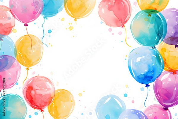 Fototapeta Cute cartoon colorful balloons frame border on background in watercolor style.	