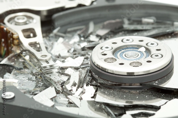 Fototapeta Inside of broken HDD hard drive disk, narrow focus