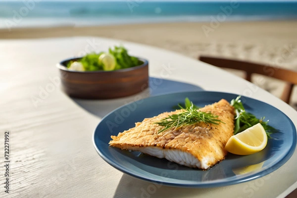 Fototapeta A fried fish on a plate in a restaurant by the sea