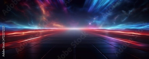 Fototapeta Dark empty space, blue and red neon spotlight, wet asphalt, smoke, night view, rays. Abstract dark texture of an empty background with copy space mock up design